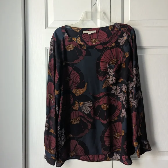 LOFT Floral Blouse - Dark Blue and Burgundy - Picture 1 of 3